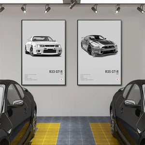 Black and White Japan Cars Luxury Super Sport Car Poster Aesthetic R34 Gtr 240sx Canvas Print for Wall Art Garage Room Decor