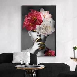 Nordic Classic Aesthetic Wall Art - Flowers On The Head with Gold Women HD Oil Canvas