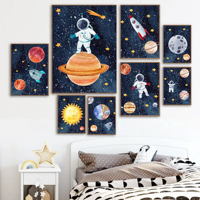 Space Rocket Astronaut Canvas Art Nordic Poster Baby Room Decor