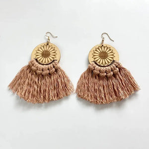 Handmade Wooden Sunflower Tassel Earrings - Ethnic High-End Jewelry