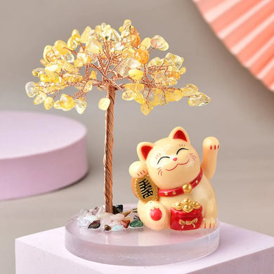 Solar Energy Lucky Cat Handwoven Natural Crystal Tree Decoration