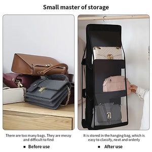 Black Handbag Hanging Organizer - 6 Pocket Foldable Storage Bag