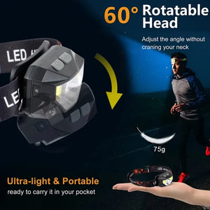 1200LM Motion Sensor LED Headlamp Rechargeable Waterproof 8 Mode for Camping Running