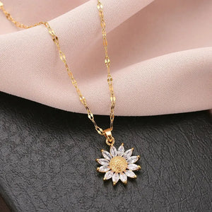 Luxury Flower Pendant Necklace: Gold Titanium Chain Zirconia Inlaid Jewelry