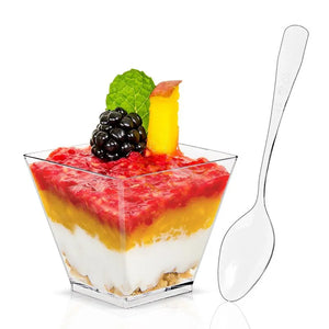 20 Mini Dessert Cups with Spoons - Clear Plastic Parfait Appetizer Set