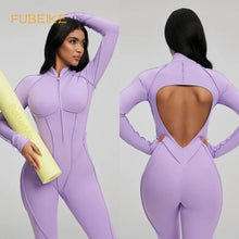 Load image into Gallery viewer, FUBEIKE Women's Yoga Set Fashion Sexy Slim Fit Long Sleeve Zipper Sports Gym Workout Legging Bodysuits Outdoor Activewear