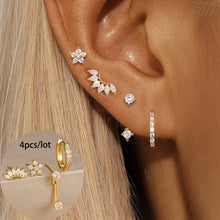 Load image into Gallery viewer, 4PCS Stainless Steel Circle Huggie Hoop Earrings Set for Women Gold Color Unique Zircon Flower Stud Earring Piercing Jewelry