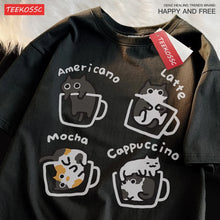 Load image into Gallery viewer, Cat Coffee Pure Cotton Trendy Summer Loose Short Sleeved T-shirt Men Women Original Mocha Latte Cat Three Flowers Fun Cat Tees
