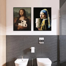 Load image into Gallery viewer, Funny Bathroom Toilet Decoration Painting Mona Lisa Wearing Pearls Girl with Roll Paper Canvas Prints Posters Home Wall Decor