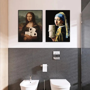 Funny Bathroom Toilet Decoration Painting Mona Lisa Wearing Pearls Girl with Roll Paper Canvas Prints Posters Home Wall Decor