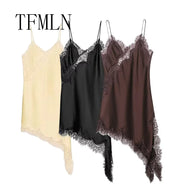 Women Sexy Irregular Lace Dress Fashion V Neck Hem Suspender Long Dresses 2025 New Fashion Party Vestidos