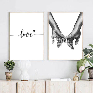 Black White Sweet Love Canvas Poster Minimalist Hand In Hand Wall Art Print