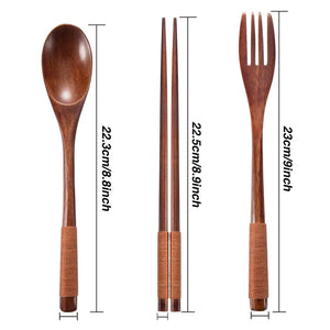 3 Pieces Natural Wood Tableware Set - Spoon, Fork, Chopsticks - Portable Dinnerware