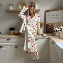 Load image into Gallery viewer, Summer New Love Heart Print Pyjama 100% Cotton Long Sleeve Set 2Pcs Outfit Lapel Sleepwear Button Down Women's Pajamas Nightwear