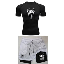 Load image into Gallery viewer, Men's Workout Compression Set Y2K Spider Printed Gym Tshirts Breathable Running Shorts Quick Dry Sports Rash Guard Sportwear Set