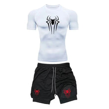 Load image into Gallery viewer, Men's Workout Compression Set Y2K Spider Printed Gym Tshirts Breathable Running Shorts Quick Dry Sports Rash Guard Sportwear Set