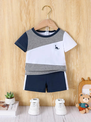 2-Piece Baby Boy Summer Outfit Short Sleeve Dinosaur Patchwork Shorts Set Breathable