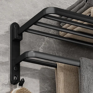 Matte Black 50cm Folding Towel Holder: Wall-Mounted Aluminum Rack with Hooks