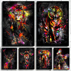 Abstract Colorful Animal Art - Lion, Tiger, Fox, Dog, Elephant - Graffiti Wall Canvas Decor