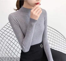Load image into Gallery viewer, Autumn Winter Mock Neck Women Sweater Vintage Basic Solid Knitted Tops Casual Slim Pullover Korean Sweaters Simple Chic Jumpers