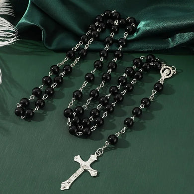 Faux Pearl Choker! Cross Pendant, Rosary Beads, Handmade