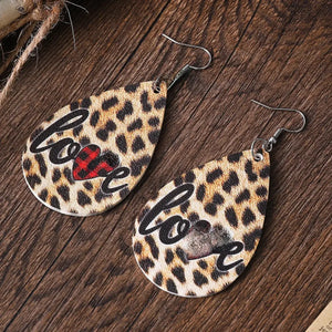 Valentine's Day Leopard Plaid Heart Love Letter Waterdrop PU Leather Earrings