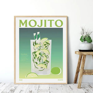 Cartoon Fruit Juice Posters - Mojito, Aperol Spritz, Sangria, Negroni - Bar Home Decor