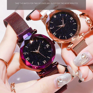 Women's Starry Sky Watch - Magnet Buckle, Mesh Belt, Diamond Quartz, Fashion Dress Clock