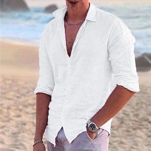 2024 Men's Cotton Linen Polo Shirt - Casual Long Sleeve Solid Hawaiian Beach Shirt