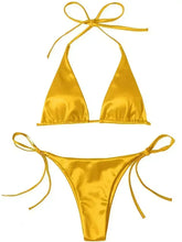 Load image into Gallery viewer, Halter Brazilian Metallic Satin Bikini Women Swimwear Female Swimsuit Two-pieces Bikini Set High Cut Bathing Suit Swim Beachwear
