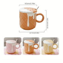 Load image into Gallery viewer, 1pc Biscuit Pattern Coffee Mug with Lid &amp; Spoon - 14.2oz Ceramic Cute Kawaii Cup