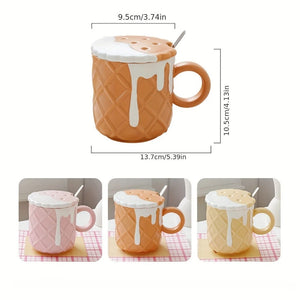 1pc Biscuit Pattern Coffee Mug with Lid & Spoon - 14.2oz Ceramic Cute Kawaii Cup