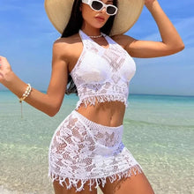 Load image into Gallery viewer, 2PCS Sexy Women Fishnet Cover Ups Hollow Out Bodycon Women's Swimwear See through Tassel Dress without Bikini Beachwear