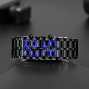 Fashion Black Digital LED Metal Wristwatch Men Sport Creative Clock Blue Display
