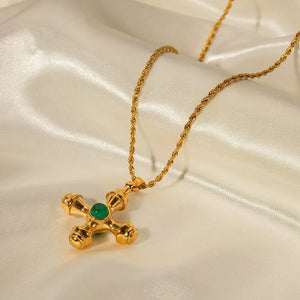 18K Gold Plated Cross Necklace Stainless Steel Inlay Natural Stone Pendant for Women