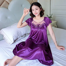Load image into Gallery viewer, Ladies Ice Silk Nightgowns Sleeping Dress Medium Length Short Sleeve Nightdress Sexy Sleepwear Home Wear Loungewear Pyjama Femme