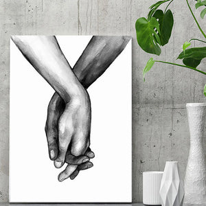 Black White Sweet Love Canvas Poster Minimalist Hand In Hand Wall Art Print