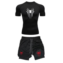Load image into Gallery viewer, Men's Workout Compression Set Y2K Spider Printed Gym Tshirts Breathable Running Shorts Quick Dry Sports Rash Guard Sportwear Set