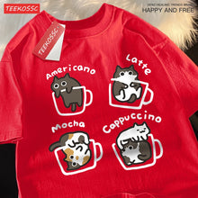 Load image into Gallery viewer, Cat Coffee Pure Cotton Trendy Summer Loose Short Sleeved T-shirt Men Women Original Mocha Latte Cat Three Flowers Fun Cat Tees