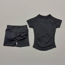 Load image into Gallery viewer, 2 Piece Workout Sets for Women, Seamless Short Sleeve Yoga Top &amp; High Waist Running Shorts, Activewear Gym Outfit