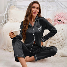 Load image into Gallery viewer, Women's Home Clothes Satin Pajama Autumn Long Sleeve Pocket Heart-shaped Embroidery Tops &amp; Pants Pyjama Femme Loungewear Pj Set