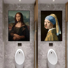 Load image into Gallery viewer, Funny Bathroom Toilet Decoration Painting Mona Lisa Wearing Pearls Girl with Roll Paper Canvas Prints Posters Home Wall Decor