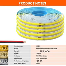 Load image into Gallery viewer, 220V COB LED Strip Light Flexible Tape Lights Smart IC No Need Driver High Bright 240 LEDs Linear Lighting RA95 Warm White 1-5m