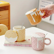 Load image into Gallery viewer, 1pc Biscuit Pattern Coffee Mug with Lid &amp; Spoon - 14.2oz Ceramic Cute Kawaii Cup