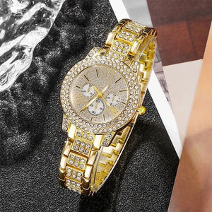 Gold Luxury Women's Watch & Jewelry Set - Quartz, Rhinestone, Fashion Accessories