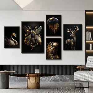 Black Gold Wildlife Canvas - Nordic Aesthetic Wall Art for Living Room Decor