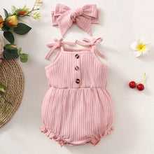 Load image into Gallery viewer, Baby Girl Romper - Pink Ribbed Sling Bodysuit + Headwear - Summer Jumpsuit with Buttons