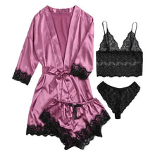 Load image into Gallery viewer, Women&#39;s Sexy Pajama Set - 4 Piece Lace Satin &amp; Silk Sleepwear with Robe - Summer