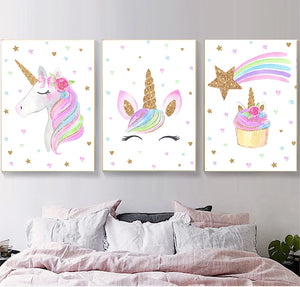 Cute Nordic Rainbow Unicorn Canvas Painting Kids Bedroom Wall Art Decor