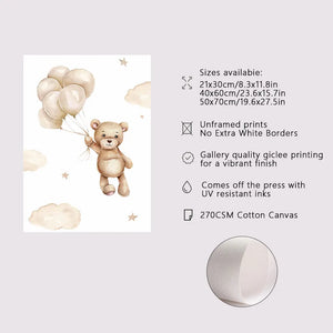 Set of 3 Frameless Cartoon Bear Balloon Cloud Nursery Wall Art Canvas Posters